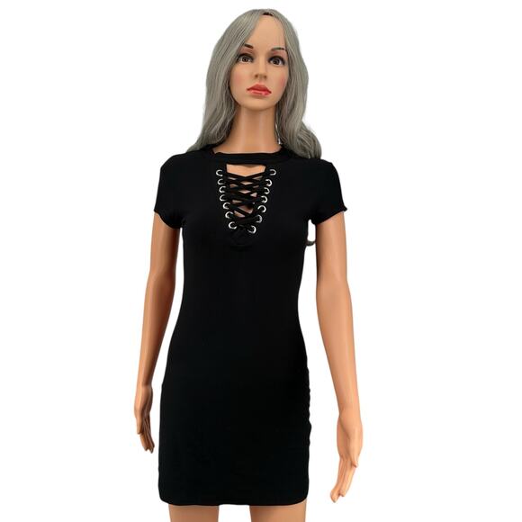 Derek Heart Lace Up Sexy Midi Dress Bodycon Small Short Sleeve - Picture 1 of 6